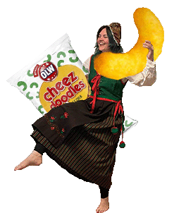 Jen holding a giant cheese puff while dressed in the traditional garb of Northern Sweden